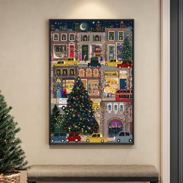 Imagem de Arte de parede de Natal emoldurada, paisagem urbana de inverno colorida grande com impressões em tela de árvore de Natal, imagens de férias para sala de estar, jantar, quarto, lareira, decoração de