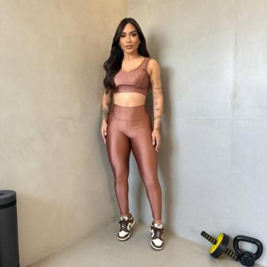 Imagem de Conjunto Feminino Academia Fitness Cirrê 3D Canelado Top com Bojo + Le