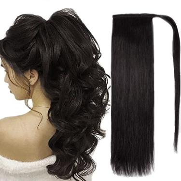 Imagem de Tinashe Extensão de rabo de cavalo cabelo humano 100% Remy envolver cabelo humano em torno de rabo de cavalo preto natural 45,72 cm 85 g clipe longo liso em peça de cabelo rabo de cavalo com pasta mágica para mulheres (#1B, 45,72 cm)