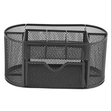Imagem de Metal Mesh Oval Pen Container Organizer MultiFunctional Sturdy Desk Storage with Drawer for Office Home School Black Milk White 22 cm (Caixa preta)