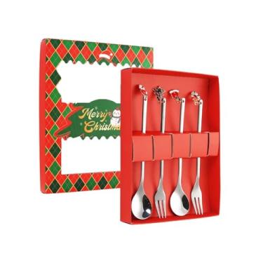 Imagem de Fenteer Garfos e colheres para o jantar de Natal Garfos elegantes talheres reutilizáveis ​​presente colher de sorvete para celebrações em cozinha, Prata 4 Unidades