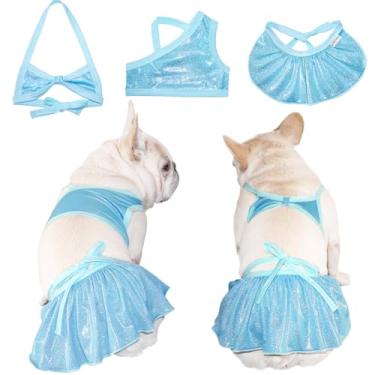 Imagem de TONY HOBY Vestido de natação para cães, biquíni brilhante para cães, roupa de banho à beira-mar, piscina, para raças pequenas e médias (3 peças, azul claro, M)