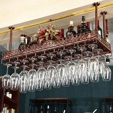 Imagem de Prateleiras de vinho de teto de altura ajustável com suporte de vidro para copos de vinho, canecas, decoração de casa, taças de metal e madeira, rack de vidro rack rústico