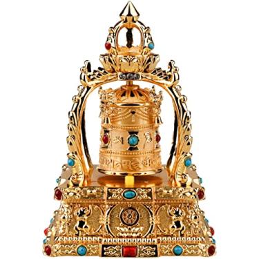 Imagem de Roda de oração, roda de oração budista movida a energia solar, roda de oração giratória budista tibetana, ornamentos de decorações criativas, para escritório em casa (dourado)