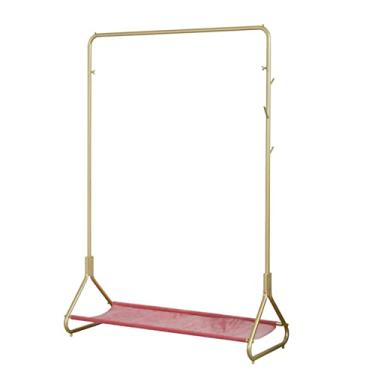 Imagem de Cabide moderno dourado para roupas, prateleira de armazenamento com tecido, suporte de metal resistente com 3 ganchos para quarto, sala de estar, trilho de roupas