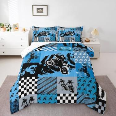 Imagem de Feelyou Conjunto de edredom infantil de motocross, xadrez, xadrez, buffalo, xadrez, esportes radicais