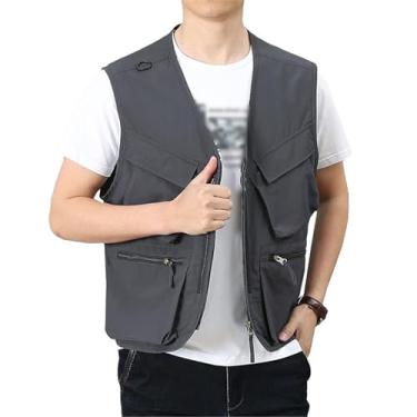 Imagem de Colete De Pesca E Safari Para Exterior, Colete De Homem Plus Size Com Fecho Malha Respirável Sem Mangas Gola Em V Para Pesca, Casaco Top Fotografia Caça E Caminhada Primavera(Grey,XL)