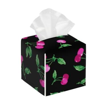 Imagem de Capa quadrada de couro para caixa de lenços à prova d'água com estampa de frutas cereja organizador de papel facial vintage com cinto inferior, estojo de lenços para mesa, banheiro, escritório, mesa