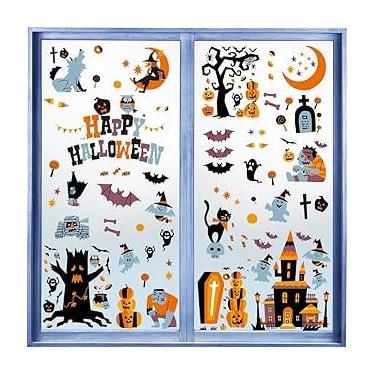 Imagem de 141 peças de adesivos de janela de Halloween - Decalques de PVC dupla face (10 folhas) com bruxas, fantasmas, morcegos e abóboras | Adesivos removíveis para uso interno/externo para decoração de casa