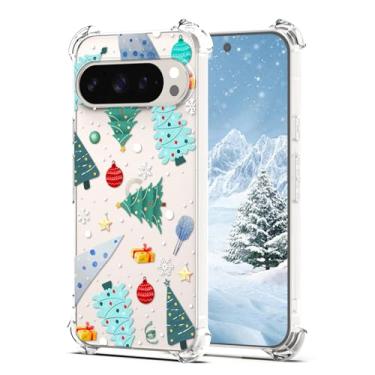 Imagem de YEPO Capa de telefone de árvore de Natal para Google Pixel 9 Pro XL transparente feminina, design de padrão de floco de neve de feliz Natal, capa de telefone de proteção macia TPU para Google Pixel 9