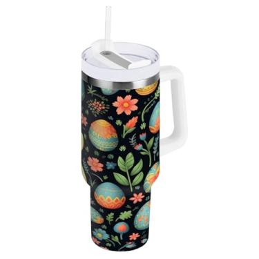 Imagem de ATTX Copo de coelho fofo de Páscoa de 850 g com alça, copo de aço inoxidável a vácuo de parede dupla com palha, caneca de café de viagem isolada #489