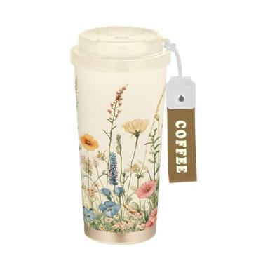 Imagem de SEHANY Caneca de viagem colorida de ervas silvestres de 500 ml Copos de café reutilizáveis revestidos de cerâmica com tampa à prova de vazamento, parede dupla, isolamento a vácuo, copo de café de aço