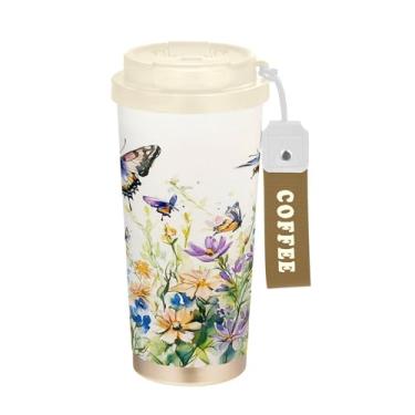 Imagem de SEHANY Caneca de viagem borboleta e flores de 482 ml Copos de café reutilizáveis revestidos de cerâmica com tampa à prova de vazamento, parede dupla, isolamento a vácuo, copo de café de aço inoxidável
