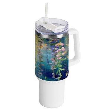 Imagem de xigua Copo vintage de flores silvestres de 1,134 g com alça e canudo, aço inoxidável duplo isolado a vácuo garrafa de água suporte de copo de garrafa de água amigável à prova de vazamento copo de