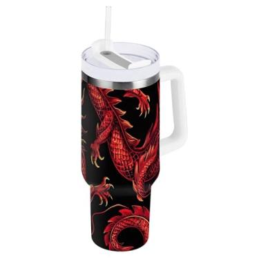 Imagem de xigua Copo vintage com estampa de dragão 1,134 g com tampa e canudo, aço inoxidável de vácuo duplo isolado garrafa de água esportiva suporte para copo de café de viagem à prova de vazamento para