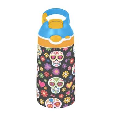Imagem de ATTX Garrafa de água Sugar Skull Flower 473 ml – Garrafa de água reutilizável Tritan Sports & Travel com canudo e tampa de bico pop-up #18