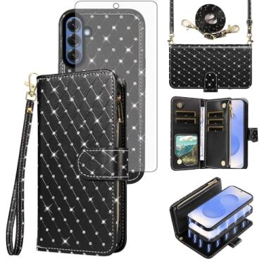 Imagem de Asuwish Capa de celular para Samsung Galaxy A56 5G carteira com zíper destacável capa de celular magnética com protetor de tela alça transversal alça com glitter compartimentos para cartão A 56 56A