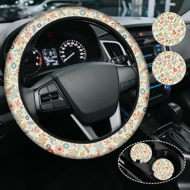 Imagem de Capa de volante de flores retrô para mulheres e homens, antiderrapante de neoprene de alta elasticidade, acessórios de carro, capas de volante, universal de 38 cm para carros, SUVS, inclui 2