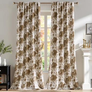 Imagem de Cortinas florais acastanhadas 100% blackout para sala de estar, conjunto de 2 painéis, 203 cm de espessura, vintage, flor, chenille, cortinas de janela, escurecimento de quarto, cortinas de quarto