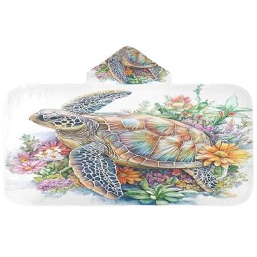Imagem de Burbuja Toalha de banho com capuz Turtle in The Sea para crianças, toalha de praia de pelúcia macia absorvente para meninas e meninos 3-10 anos, 61 x 127 cm