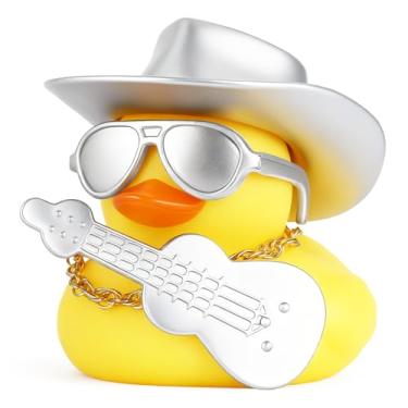 Imagem de Patos de borracha engraçados com chapéu de caubói, guitarra, óculos, colar, decorações fofas de painel de carro, ornamento de carro DIY para alívio do estresse, acessórios de mesa de escritório em