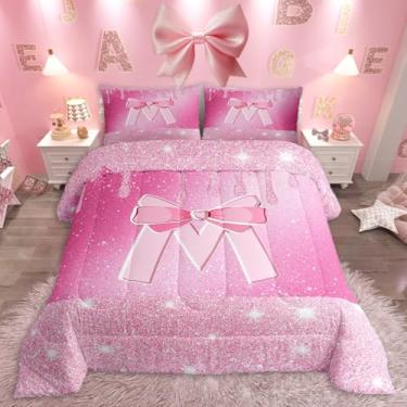Imagem de Feelyou Conjunto de edredom com laço rosa, tamanho Queen, iniciais, decoração para mulheres, adolescentes, letra M, edredom com monograma, glitter, diamante, microfibra, 3 peças com 2 fronhas
