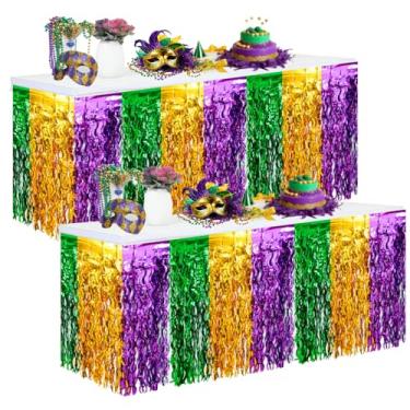 Imagem de HPMAISON 2 pacotes de saia de mesa com franjas para decoração de festa de carnaval ondulada metálica ondulada festa carnaval carro desfile boias suprimentos de decoração verde dourado roxo