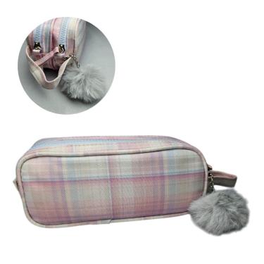 Imagem de Estojo Necessaire Duplo Xadrez Rosa Claro com Pompom Maquiagem Escolar Lápis Material Colorido Zíper