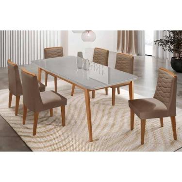 Imagem de Sala Jantar Mesa Havana Tampo c/ Vidro Curvo 180cm+6 Cadeiras Maldivas Madeira Naturale/Off White - Capuccino/Suede Capuccino - Rufato