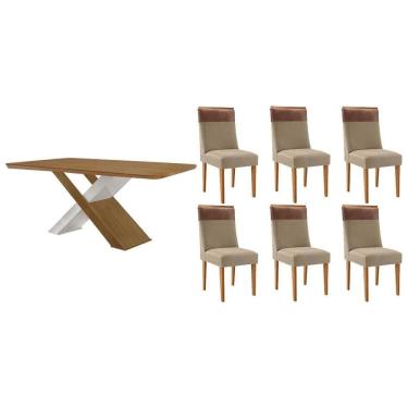 Imagem de Sala Jantar Mesa Imperatriz Tampo Curvo 180cm+6 Cadeiras Jaspe Madeira Naturale/Off White - Capuccino/Linho Bege - Rufato