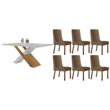 Imagem de Sala Jantar Mesa Imperatriz Tampo c/ Vidro Curvo 180cm+6 Cadeiras Dakota Madeira Naturale/Off White - Capuccino/Suede Capuccino - Rufato