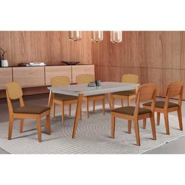 Imagem de Sala Jantar Mesa Havana Tampo c/ Vidro Curvo 180cm+6 Cadeiras Havana Naturale/Off White - Suede Marrom - Rufato