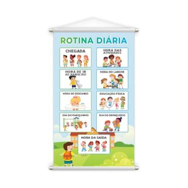 Imagem de Banner Educativo Rotina Diária Infantil, Cartaz em Lona, Azul Claro e Verde, 80x50 cm, com Hastes de Suporte e Cordão, para Escolas e Creches