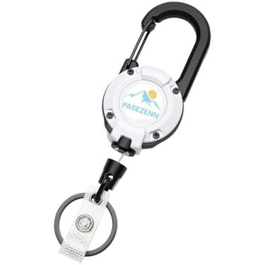 Imagem de pasezenn Chaveiro retrátil resistente, cordão de aço inoxidável de 70 cm, suporte de crachá retrátil, mosquetão para trabalho, branco ao ar livre, 1 pacote