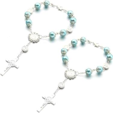 Imagem de 2 peças de espelho retrovisor do rosário do carro para pendurar rosário automotivo personalizado bênção cruz carro medalha católica para caminhão, bicicleta, motocicleta, espelho de carro, acessórios