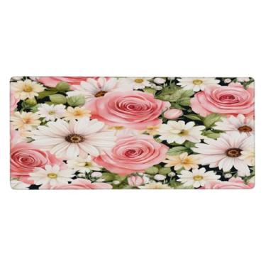 Imagem de Tapete de mouse retrô de flor grande rosa branco à prova d'água para computador protetor de mesa com base de borracha antiderrapante para escritório, computador, teclado, laptop e mesa de casa, 89,9 x