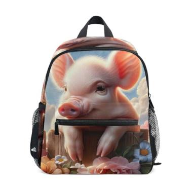 Imagem de Cute Pig Spring Flowers Simple Modern Toddler Backpack with Whistle, 2 Bottle Pockets, Lightweight, Kindergarten Backpack 10x4x12 In, for Ages 3-8