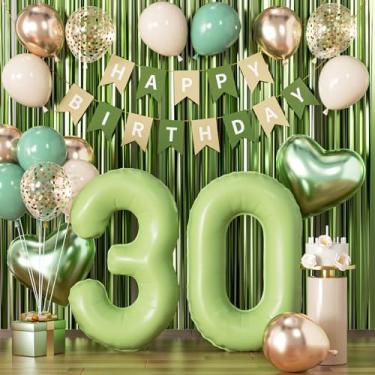 Imagem de Decorações de aniversário de 30 anos feminino verde sálvia sujo 30 balões de aniversário creme branco areia feliz 30º banner verde número 30 balão para 30 anos decoração de festa de aniversário de 30