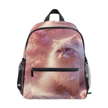 Imagem de GAIGEO Pink Ragdoll Cat Cherry Blossom Small Toddler Backpack, 10x4x12 In, Mini Backpack for Toddler Girls Includes Water Bottle Pockets, Whistle Clip for Safety