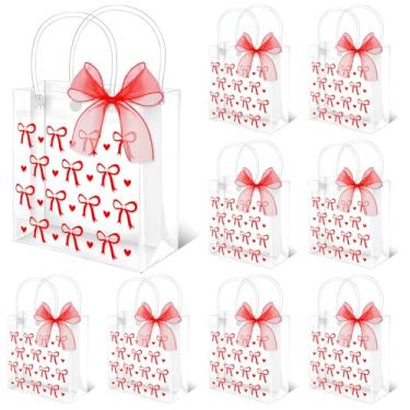 Imagem de Whaline 12 peças de sacolas de presente de PVC transparente para Dia dos Namorados com alças laço vermelho com fita para aniversário, casamento, aniversário