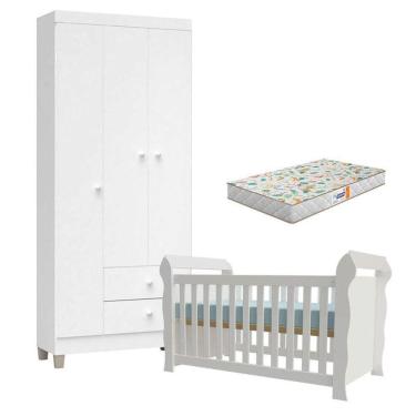 Imagem de Berço Americano Lara Com Colchão Gazin E Guarda Roupa Ternura Baby 3 Portas Branco Brilho - Incorplac