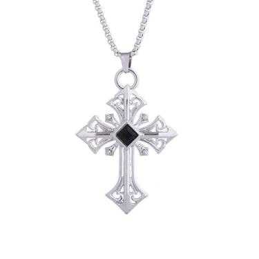 Imagem de LUSKINNO Colar de cruz vintage para homens e mulheres, pingente de crucifixo antigo de aço titânio com corrente de cabo,