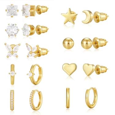 Imagem de ASCOMY Conjunto de brincos de argola pequenos banhados a ouro 14 quilates com parte traseira plana delicada, conjunto de brincos pequenos de argola de ouro, vários piercings para mulheres, Latão, Sem