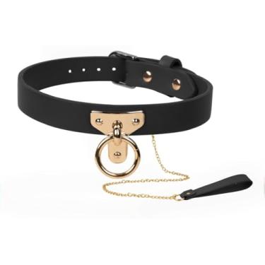 Imagem de Acecare Colar de couro preto com corrente de ouro e sino – Colar gargantilha ajustável para mulheres, conjunto de gargantilha de couro sintético para cosplay, moda gótica e dramatização, universal