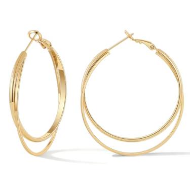 Imagem de Gacimy Brincos femininos de argola dupla de 3 mm de largura, banhados a ouro 14K, médio de 40 mm
