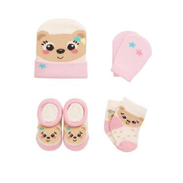 Imagem de Kit 4 Peças Fofurinha Recém Nascidos Com Touca Luva e Meia Meia 3D Beb