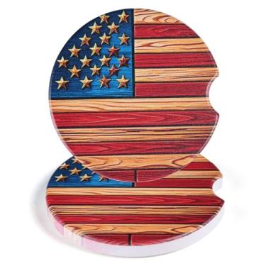 Imagem de Lednica Pacote com 2 porta-copos de carro com bandeira americana para homens e mulheres porta-copos de carro, porta-copos absorventes de cerâmica antiderrapante de 6 cm com base de cortiça e entalhe