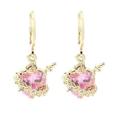 Imagem de CHUQIU Brincos de zircão vermelho Sagrado Coração de Jesus para mulheres Imaculado Coração de Maria Pingente Cruz Joias para Natal, aniversário, Ação de Graças, Dia dos Namorados, Latão, Zircônia