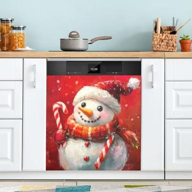 Imagem de xigua Linda capa magnética de boneco de neve de Natal, adesivos magnéticos decorativos antiarranhões para painel de geladeira e lava-louças, decoração personalizada de cozinha doméstica 58 x 66 cm