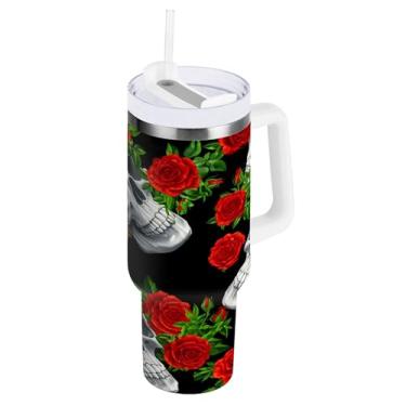 Imagem de SEHANY Copo de caveira e rosas de 1,18 l com alça, copo isolado de aço inoxidável a vácuo de parede dupla, à prova de vazamento, caneca de café isolada para viagem cabe no suporte de copo de carro